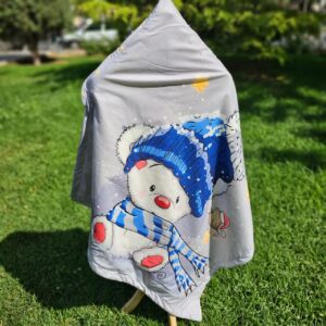 پتو کلاه دار مخمل سایز متوسط داخل خز خرس شالگردن طوسی کول بی بی